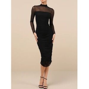 NWT Lulus Impressive Flirt Black Mesh Ruched Mock Neck Midi‎ Dress Small